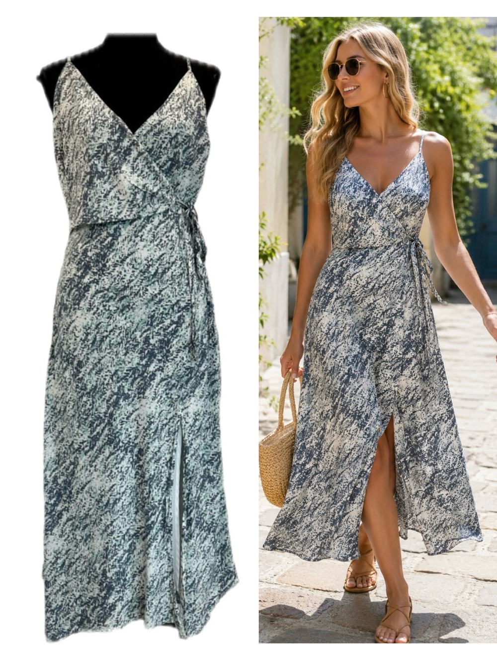 Gentle Fawn Blue Abstract Print Wrap Midi Dress Spaghetti Strap Sz M NWOT
